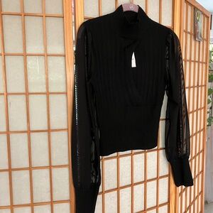 NWT Forever 21 M Ribbed Fitted Black Blouse W/ Front Cut-Out & Sheer Sleeves